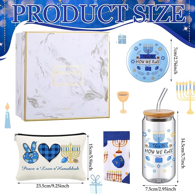 Kacctyen 5 Pcs Hanukkah Jewish Gifts for Women 16 oz Hanukkah Jewish Tumbler with Lid Straw Chanukah Makeup Bag Socks Mirror Gift Box for Chanukah Holiday Friend Coworkers Family