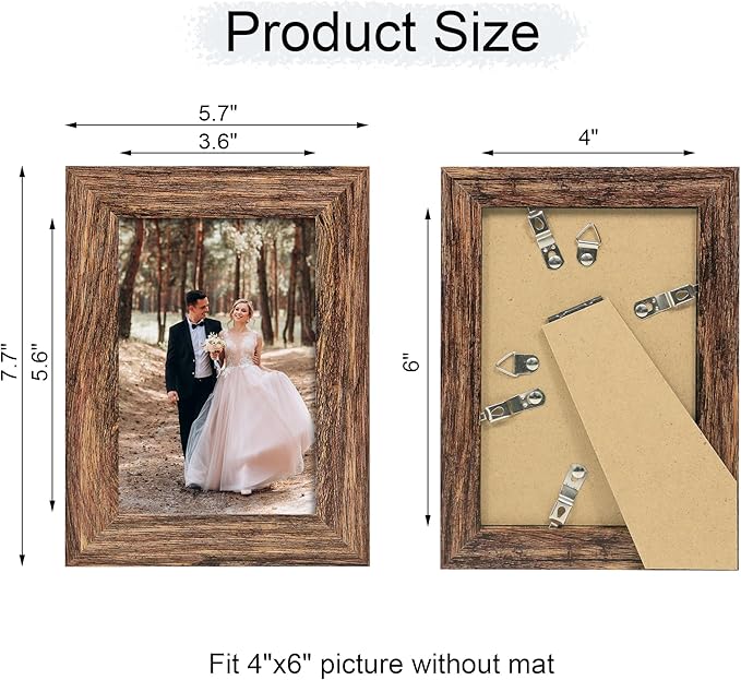 iRahmen 4x6 Picture Frame Set of 4, High Definition Glass Brown Frame, 4 x 6 Wood Rustic Photo Frames for Horizontal or Vertical Display Tabletop and Wall Mounting