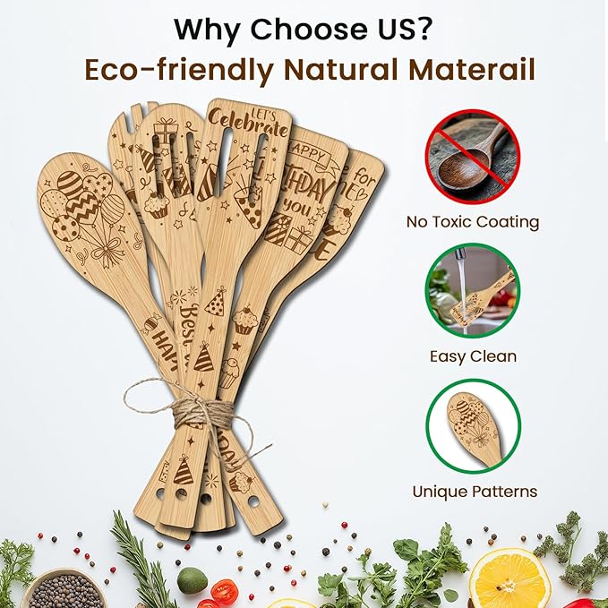 CUTHOLLOW 6PCS Happy Birthday Wooden Kitchen Cooking Utensil Set, 11.9in Non Toxic Bamboo Wood Spoon Set for Cooking, Best Housewarming Birthday Thanksgiving Christmas Gift for Women Mother