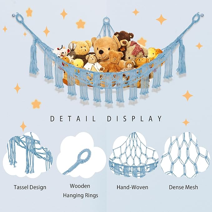 CERETIA Stuffed Animal Hammock with LED Light, Large Stuffed Animals Storage Corner Plushie Net for Kids Room Decor, Jumbo Baby Blue