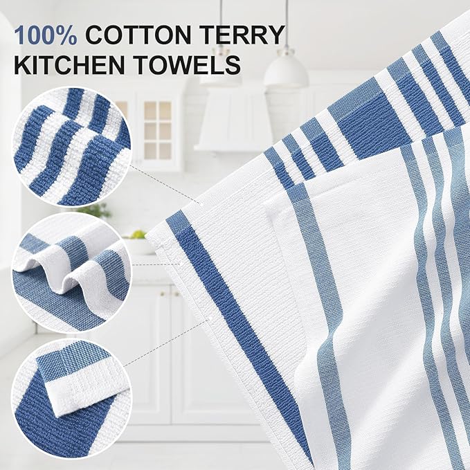 Homaxy Premium Kitchen Towels 18”x 28”, Large Cotton 380 GSM Kitchen Hand Towels, Stripe and Terry Dish Towel, Highly Absorbent Tea Towel Set with Hanging Loop, 6 Pack, Navy Blue