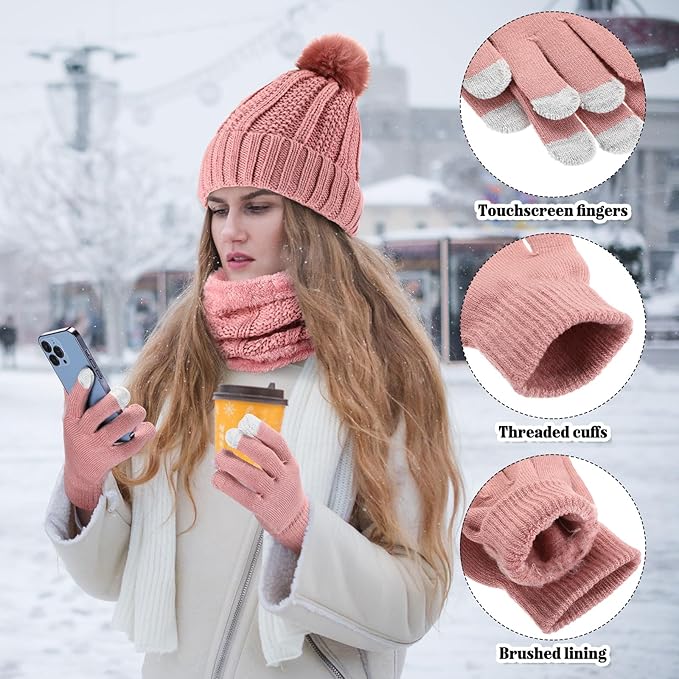 SATINIOR 5 Pcs Winter Satin Lined Hat Scarf Gloves Set Knit Pompom Beanie Warm Touchscreen Glove Earmuff Ear Warmer for Women