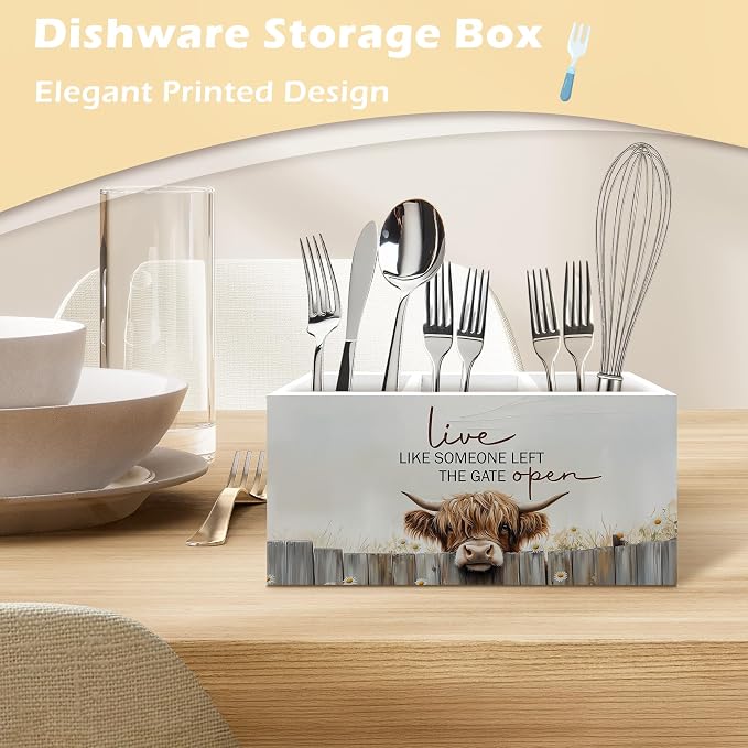 Farmhouse Highland Cow Pen Holder Organizer Desk Decor, Highland Cow Gifts for Women, Live Like Someone Left the Gate Open Wooden Pen Pencil Holders for Home Office Desk Accessories