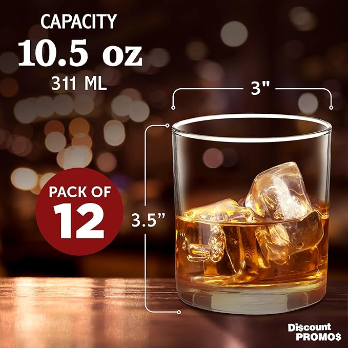 DISCOUNT PROMOS Lexington Rocks Whiskey Glass 10.5 oz, Set of 12, Bulk Pack - Perfect for Scotch, Bourbon, Whiskey, Cocktail - Clear