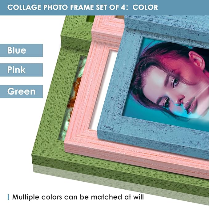 4x6 Collage Picture Frame Tempered Glass Front, Displays Four 4x6 Photo, Family Photo Collage Frame, Wall Decor Wall Hanging or Tabletop, Blue
