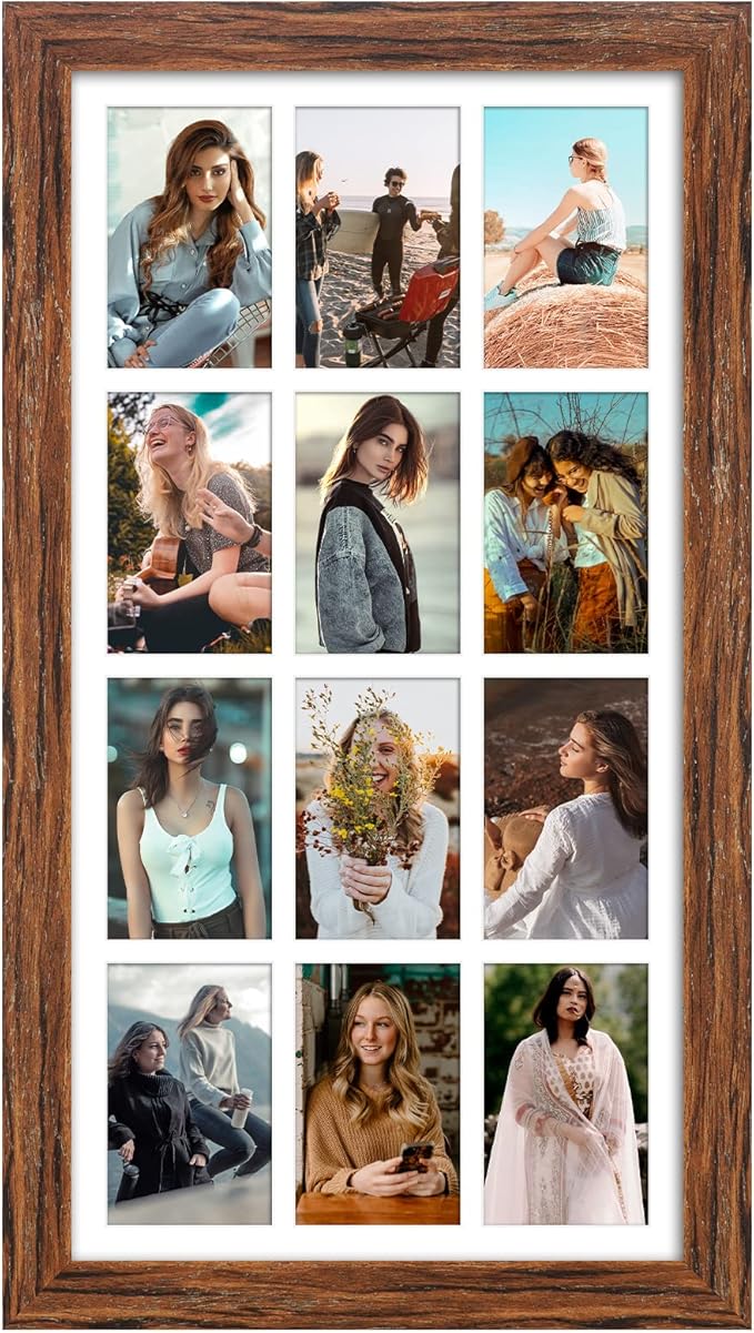 13x25 Picture Frame Display 12 opening 4X6 Picture Frame Collage,Multi Photo Frame with Mat,Plexiglass,Wall Mount Decor,Carbonized Brown Wood Grain