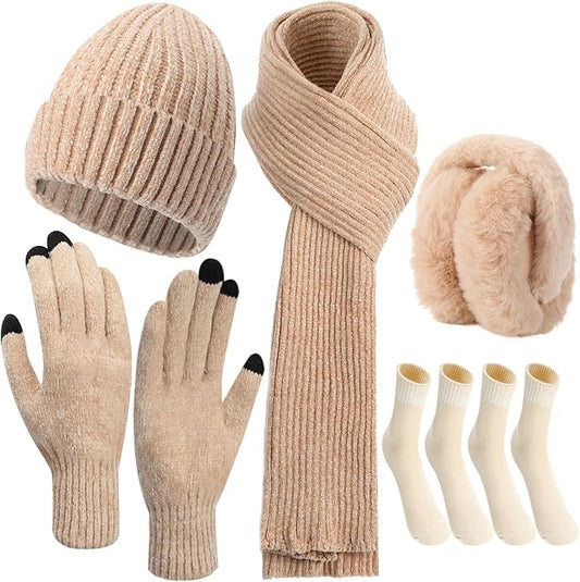 Geyoga 6 Pcs Winter Knit Set Beanie Hat Long Scarf Touchscreen Gloves Ear Muff Socks Warm Valentine Gift for Women Men Snow(Beige,Classic Style)