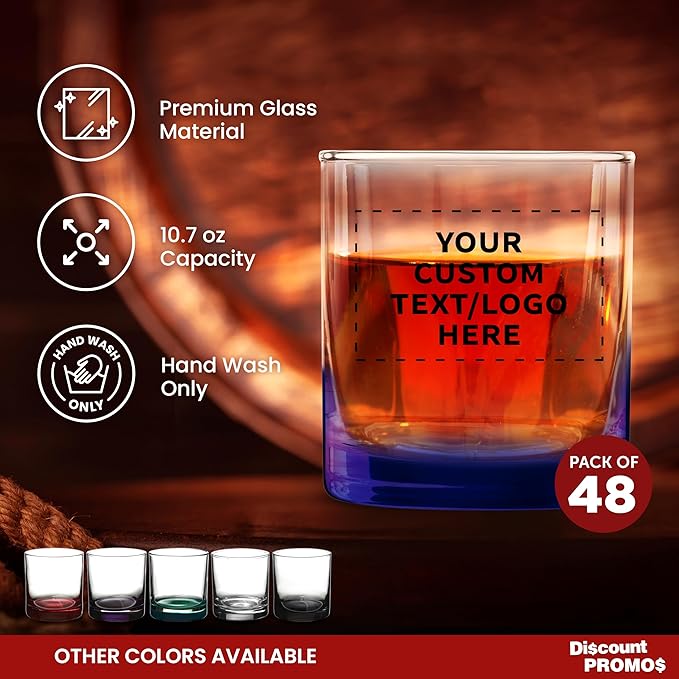 Custom Lexington Rocks Whiskey Glass 10.5 oz, Set of 48, Personalized Bulk Pack - Perfect for Scotch, Bourbon, Whiskey, Cocktail - Blue