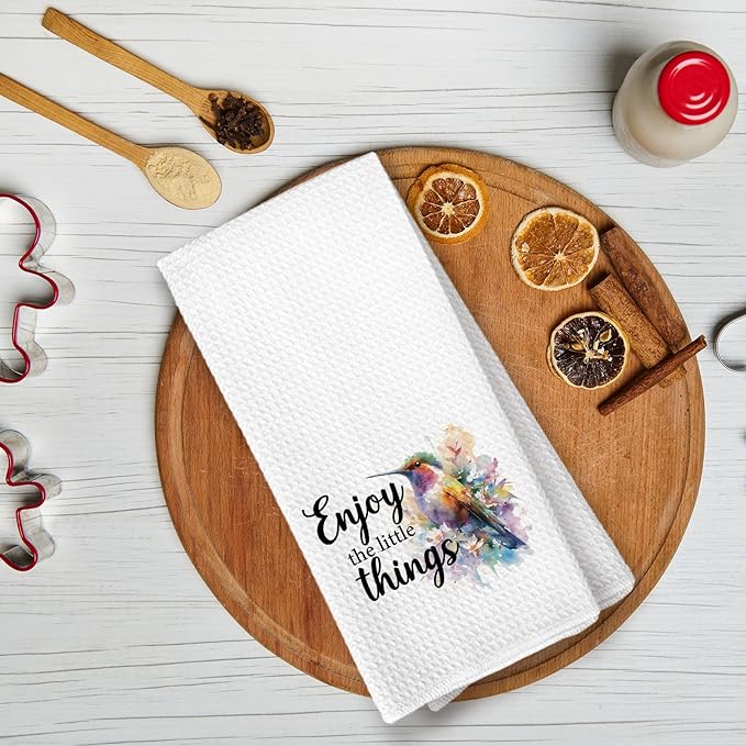 Inspirational Hummingbird Kitchen Towels, Motivational Gifts Dish Towels for Kitchen, Enjoy The Little Things Positive Quote Decorative Hand Towels for Bathroom, Hummingbird Gifts for Women
