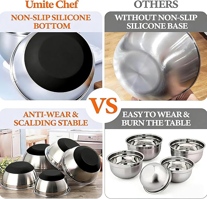 Umite Chef Mixing Bowls with Airtight Lids, 26Pcs Stainless Steel Bowls Set, 3 Grater Attachments & Black Non-Slip Bottoms Size 7, 4, 2.5, 2.0,1.5, 1QT, Great for Mixing & Serving
