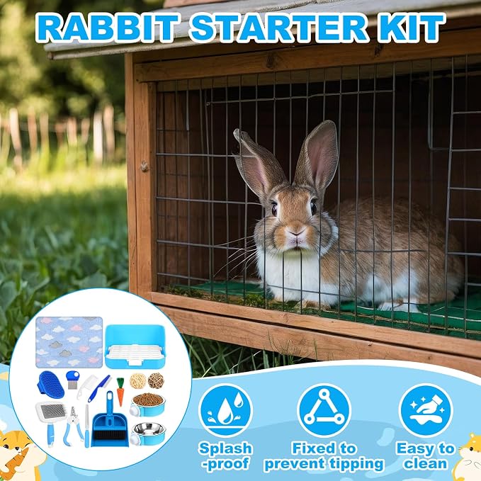 Reallnaive 15 Pcs Rabbit Starter Kit Small Rabbit Litter Box Girls Gift Animal Grooming Kit Bunny Toys Bowl Blankets with Cleaning Set for Guinea Pig Accessories(Light Blue)