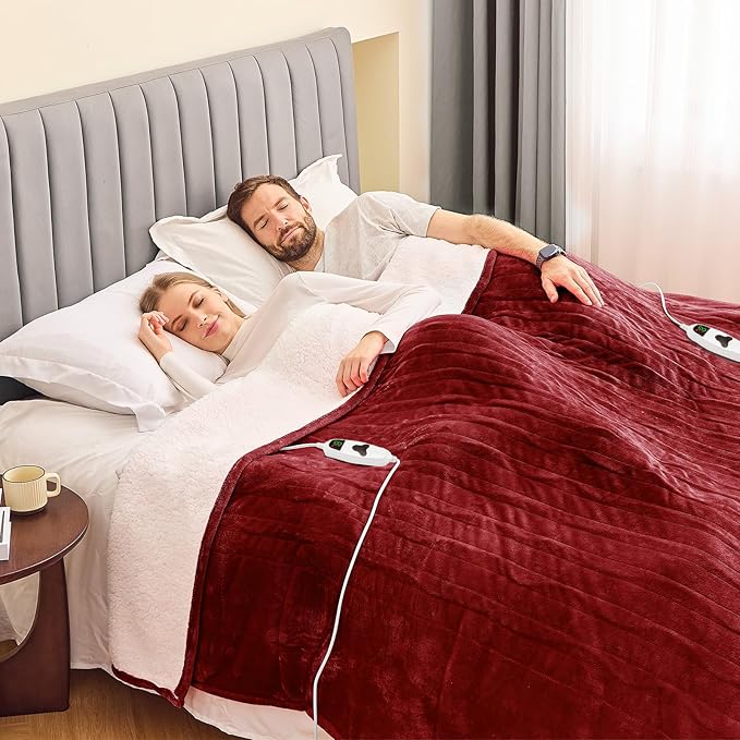 greenoak Heated Blanket Electric King Size 100"X90" Dual Control, Heating Blanket 10 Levels 1/2/4/6/8 Hours Auto-Off, Soft Sherpa Warm Christmas Blanket, Red