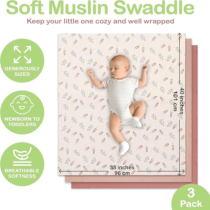 Organic Cotton Muslin Baby Blanket 3 Pack - 38x40 Inch Breathable Swaddle, Hypoallergenic Double-Layer, Versatile Use (Pink, Floral, Rust, 38x40 Inch)