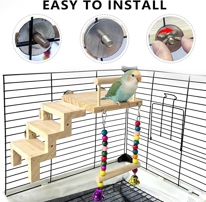 Bird Perch Platform with Ladder & Swing,Parrot Wooden Play Gym Cage Toys | Bird Wood Playing Exercise Stands Perches,Parakeet Climbing Ladder Playground Cage Accessories for Cockatiel Budgie Lovebird