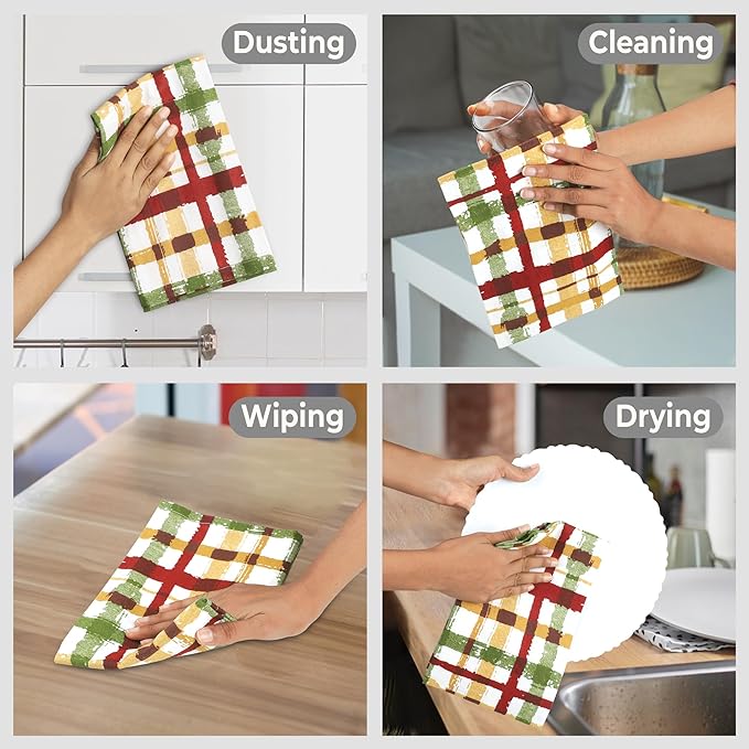 Urban Villa Fall Kitchen Towels Harvest Checks Print Dish Towels Set of 6 20"X30” 100% Cotton Highly Absorbent Quick Drying Dish Cloths & Dish Towels Thanks Giving Tea Towels with hanging loop Towels