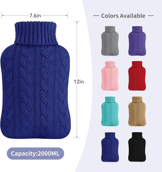 samply Hot Water Bottle with Knitted Cover, 2L Hot Water Bag for Hot and Cold Compress, Hand Feet Warmer, Ideal for Menstrual Cramps, Neck and Shoulder Pain Relief,Navy