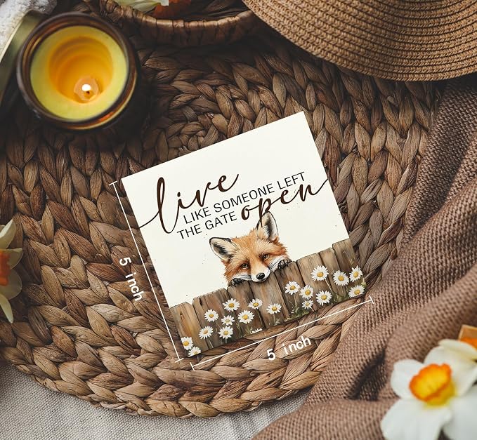 Fox Wooden Box Sign - Rustic Farmhouse Live Like Someone Left the Gate Open Signs for Home Decor,Farm Cottagecore Animal Office Kitchen Bedroom Decor,Fox Gifts for Women Men, 5x5