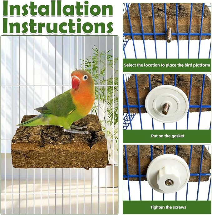 kathson 4Pcs Natural Cork Bird Perch Stand Platform Small Birds Thicken Wooden Square Stand Perch Parakeet Chewing Toy Cage Accessories for Lovebirds Cockatiels Conures(Single Screw, 1.2 in Thick)