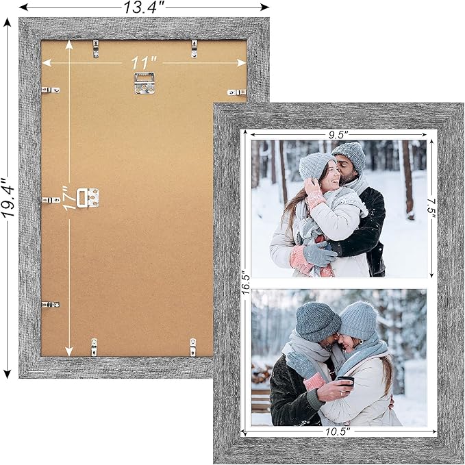 11x17 Picture Frame Display 2 opening 8X10 Double Picture Frame Collage,Multi Photo Frame with Mat,Plexiglass,Wall Mount Decor,Grey Wood Grain
