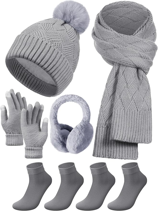 Geyoga 6 Pcs Winter Warm Set for Women Warm Beanies Hats Touchscreen Gloves Long Scarf Ear Muffs Socks Winter Gifts for Women