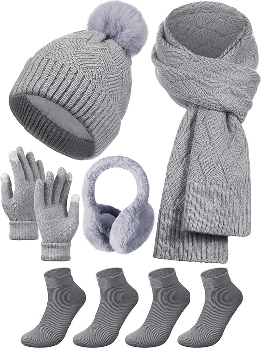 Geyoga 6 Pcs Winter Warm Set for Women Warm Beanies Hats Touchscreen Gloves Long Scarf Ear Muffs Socks Winter Gifts for Women