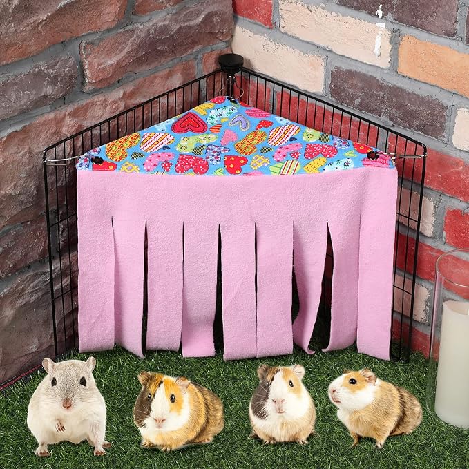 Shappy 2 Pcs Guinea Pig Hideout Hideaway Cage Hammock, Pink Heart | Corner Hideout Hammock, Soft Fleece for Ferrets Chinchillas Hedgehogs, Cozy Hide with Fringe Curtain Design