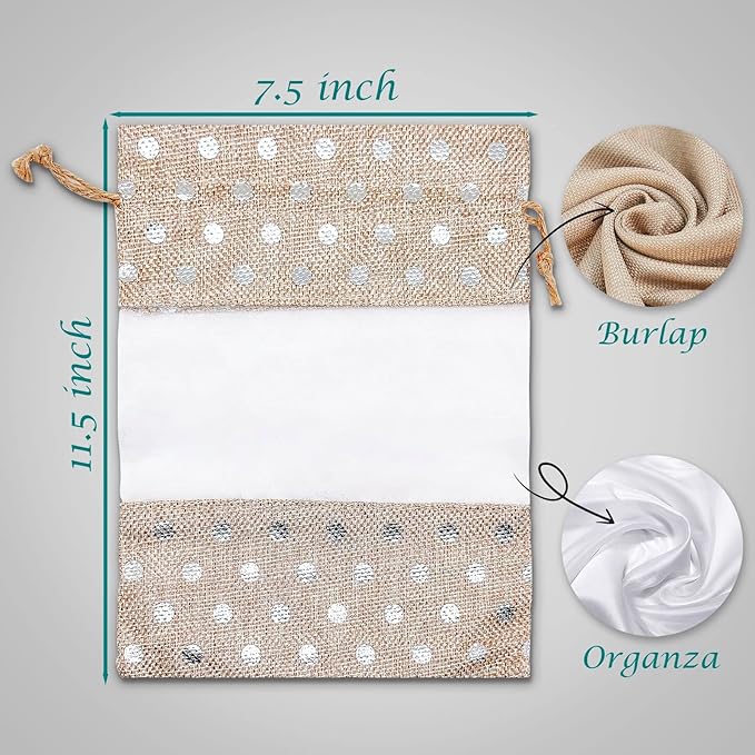 12-Pack X-Large Linen Burlap & Organza Gift Bags w. Drawstrings (7.5x11.5 in, Beige/Silver Polka) - Party Favors, Presents, Samples & Treats Mesh Pouch by The Display Guys