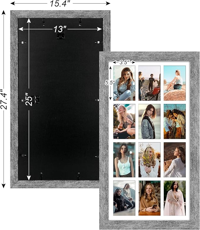 13x25 Picture Frame Display 12 opening 4X6 Picture Frame Collage,Multi Photo Frame with Mat,Plexiglass,Wall Mount Decor,Grey Wood Grain