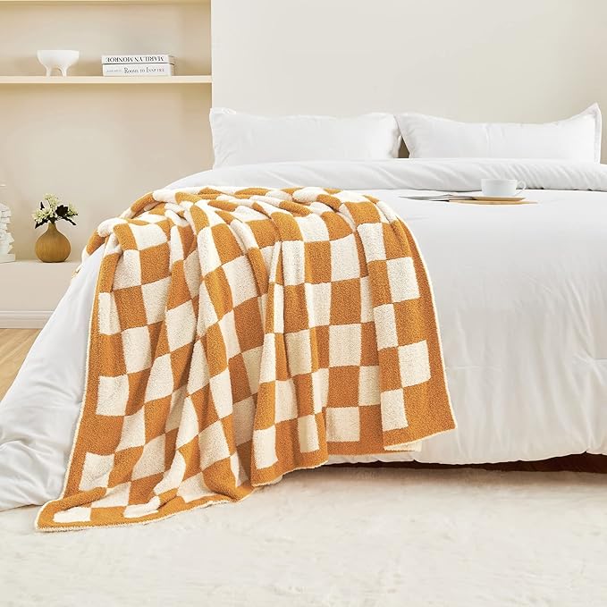 CozeCube Super Soft Fullfy Microfiber Reversible Knitted Blankets, Warm Cozy Fuzzy Plush Throw, Orange and White Checkered Throw Blanket for Couch Bed Sofa, 50" x 60"