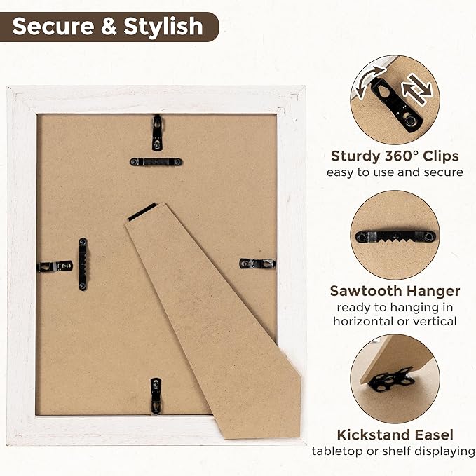 Fun Memories Picture Frame 8x10 - Real Tempered Glass, Solid Wood Photo Frame, Display 5x7 With Mat or Without Mat, Rustic Frame for Wall or Tabletop, White, 1 Pack