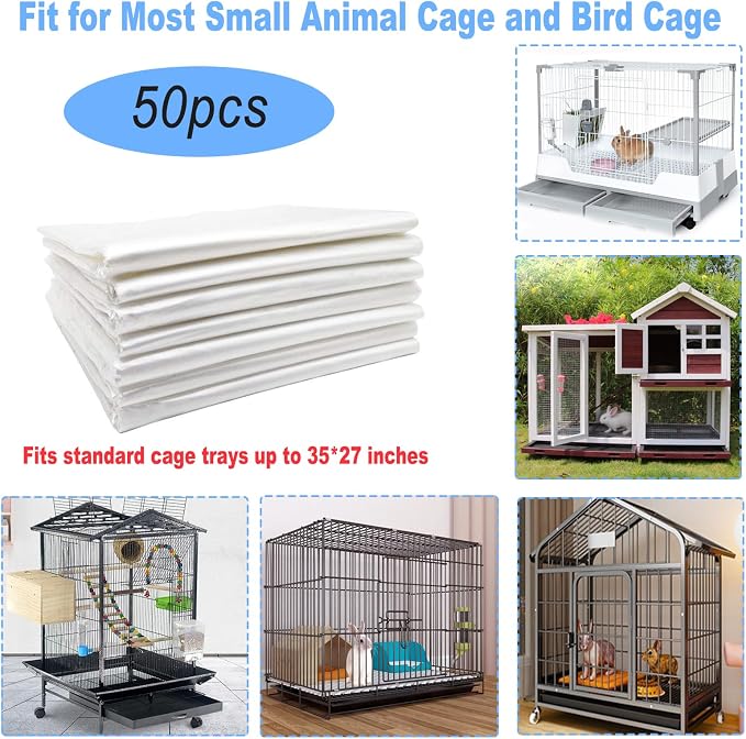 50 Pcs Disposable Rabbit Cage Liner, 35'' X 27'' Large Bunny Cage Tray Liners Clear Plastic Guinea Pig Toilet Film for Bunnies Ferrets Chinchillas Birds Small Animal - Leak Proof & No Mess