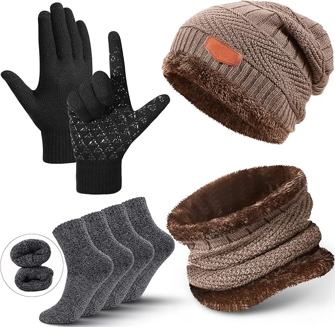 Winter Fleece Lined Beanie Hat Scarf Sock Touchscreen Gloves Set for Men Women
