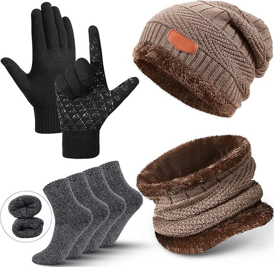 Winter Fleece Lined Beanie Hat Scarf Sock Touchscreen Gloves Set for Men Women