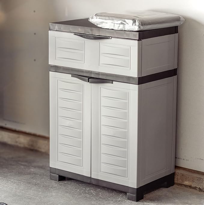 Sunnydaze 34.5" H Resin Garage Storage Cabinet - Garage Cabinet with Adjustable Shelf - Freestanding Utility Storage for Laundry Room, Office, Basement - Gray