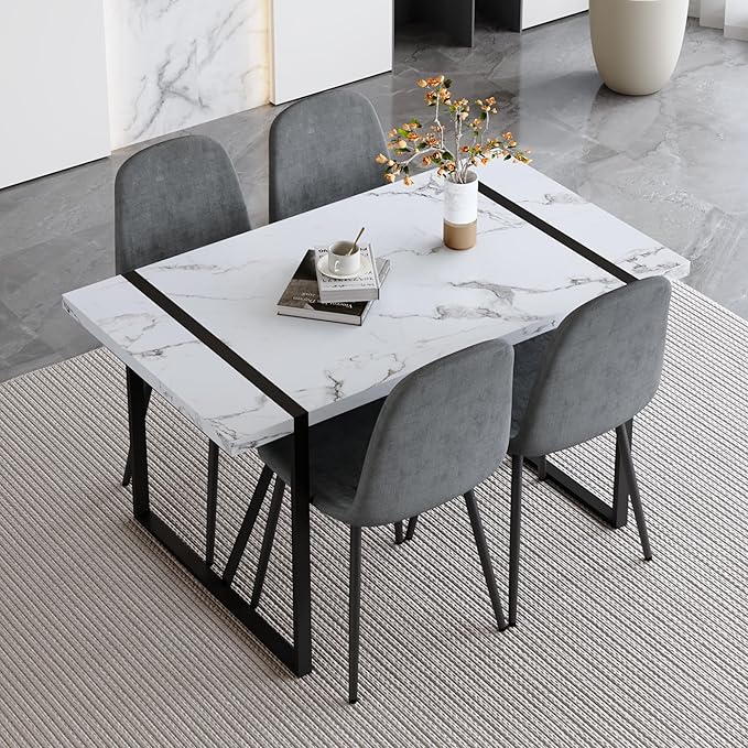 Modern 55'' Grey Wood Dining Table Set - Kitchen Table and Chairs Set of 4, Ideal for Dining Room