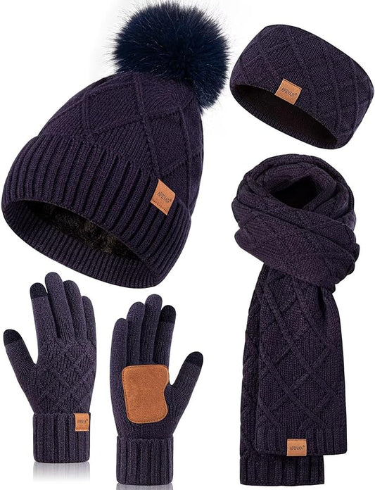 Womens Winter Hat Gloves Scarf Headband Set, Pom Pom Beanie Long Scarf Touchscreen Gloves Ear Warmer, 4 in 1 Warm Gift Set