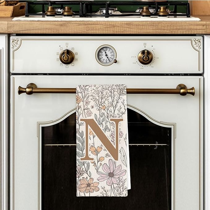 Initial N Personalized Floral Kitchen Towels Dish Towel, Custom Hand Towels for Bathroom, Monogrammed Gifts for Women Mom, Boho Floral Decorative Kitchen Towels Tea Towel, 16x24 Inch