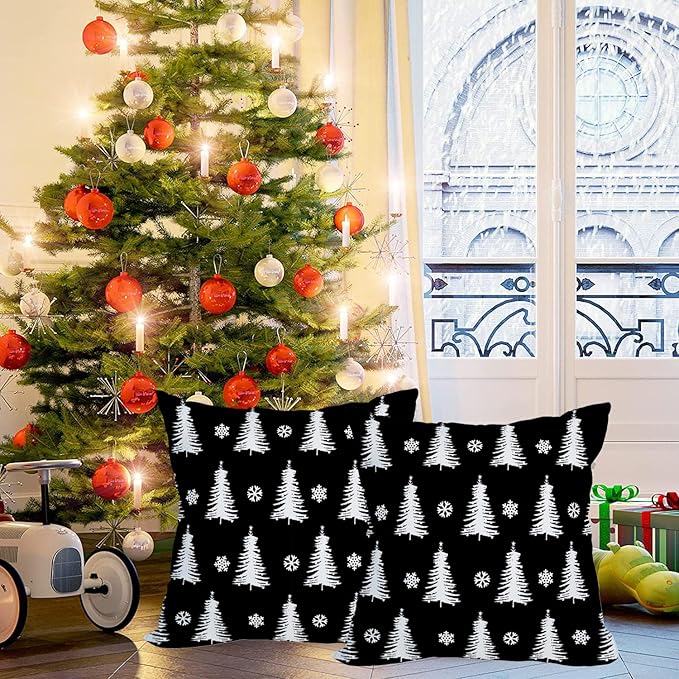 Fukeen 2 Pack Waterproof Outdoor Christmas Tree Decor Pillow Covers 18x18 Inch White and Black Forest Pine Trees Xmas Throw Pillow Covers Snowflake Winter Decorations Cushion Cover Double Sided