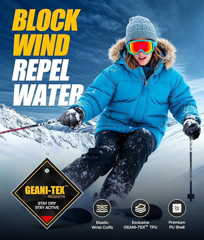 Winter Gloves Men Women Made with 3M Insulation, -20°F GEANI-TEX™ Waterproof Ski Gloves for Cold Weather, 5-Layer Thermal Snow Gloves, 10 Touchscreen Fingers Snowboard gloves for Cycling, Hiking