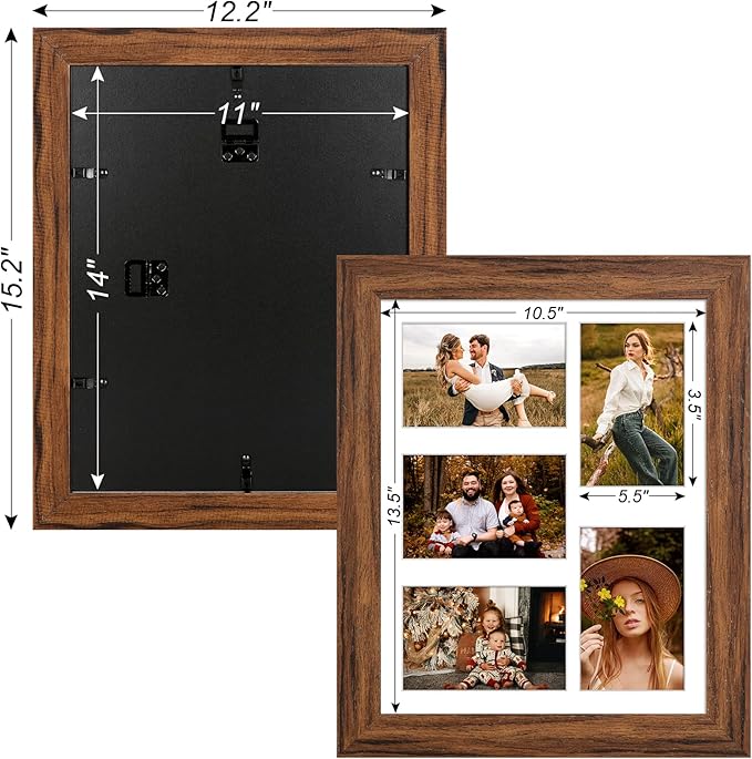 11x14 Picture Frame Display 5 opening 4X6 Picture Frame Collage,Multi Photo Frame with Mat,Plexiglass,Wall or Tabletop Decor,Carbonized Brown Wood Grain