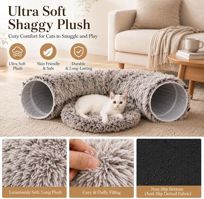 Warm Fluffy Plush Cat Tunnel Bed Under Christmas Tree Big Tube Playground Toys 3 FT Diameter Longer Crinkle Collapsible 3 Way, for Indoor Cat Kitty Kitten Puppy Rabbit Ferret Brown
