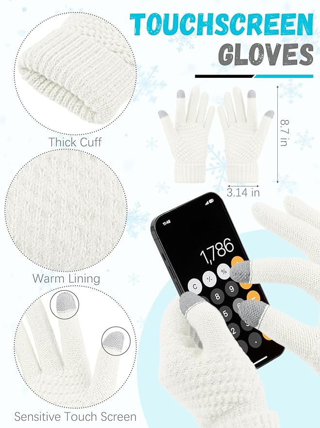 Winter Beanie Hat Scarf Gloves, Warm Fleece Knit Hats Touch Screen Gloves Neck Scarf Set Winter Gifts for Unisex Adult