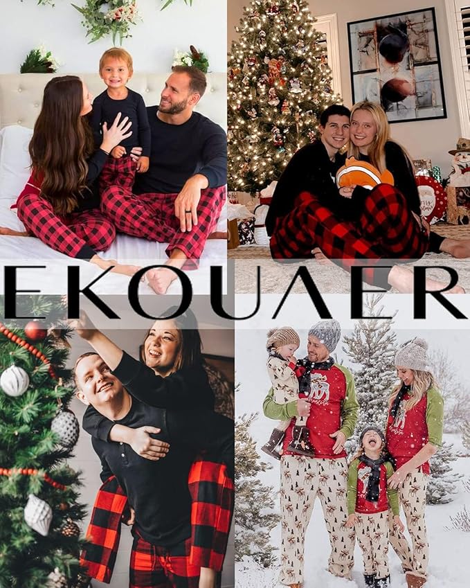 Ekouaer Family Matching Pajamas Christmas Sleepwear Long Sleeve Sleep Shirt with Plaid Pants Soft Loungewear Pjs Set S-XXL