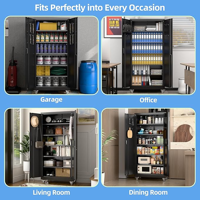 Garage Storage Cabinet with Wheels, Metal Storage Cabinet with 5 Adjustable Shelves and Pegboard for Garage Home Utility Room,Required Assembly,Black，71" H×34" W×18" D
