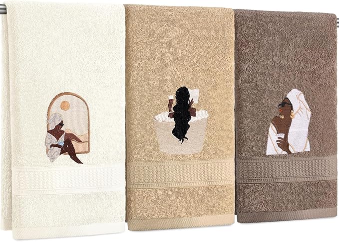 3 Pcs African American Woman Hand Towels for Bathroom | African Black Girl Bathroom Decor, Brown Decorative Farmhouse, 100% Cotton Embroidered Kitchen Towels, 13.3 x 29.5''
