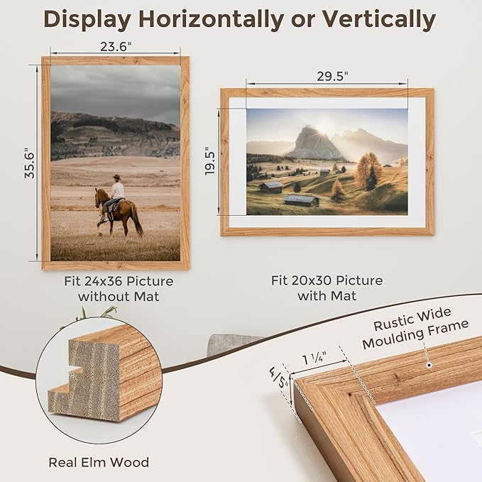 Fun Memories 24x 36 Poster Frames, 24 x36 Solid Wood Picture frame, Picture Frame 20x30 with Mat or 24 x 36 Without Mat, 24x36 Large Picture Frame with Tempered Glass for Wall Mount, Natural, 1 Pack