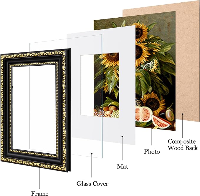 eletecpro 4x6 Picture Frames Set of 4, Ornate Vintage Photo Frames with Glass, Display 3.5x5 Photo with Mat or 4x6 without Mat for Tabletop or Wall Decor, Black Gold