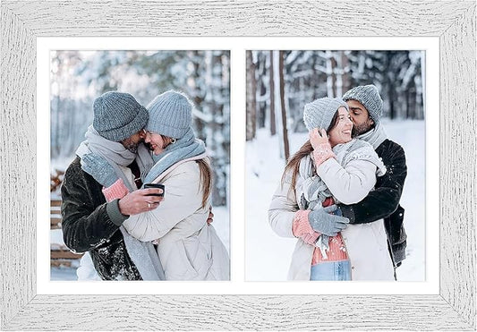 11x17 Picture Frame Display 2 opening 8X10 Double Picture Frame Collage,Multi Photo Frame with Mat,Plexiglass,Wall Mount Decor,Distressed White Wood Grain