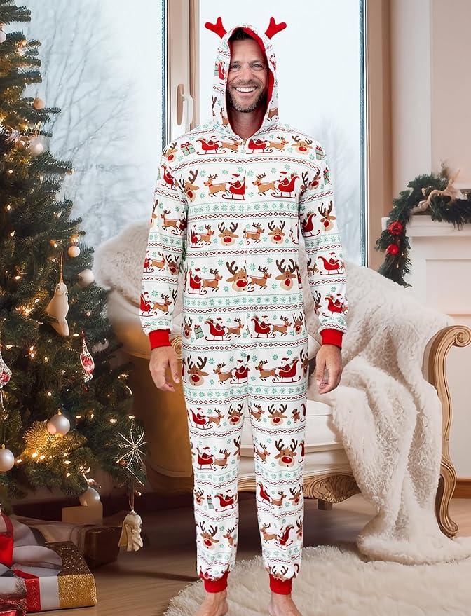 PATPAT Matching Family Christmas Onesie Pajamas – Holiday Hooded Jumpsuit Sleepwear PJs Couples Xmas Loungewear with Socks
