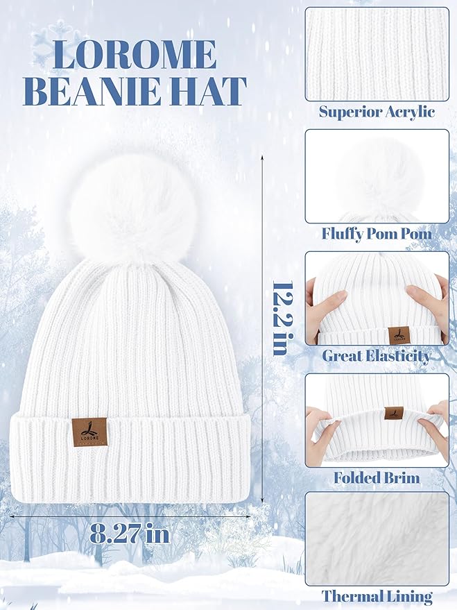 LOROME Women Winter Beanie Hat Scarf Gloves Set, Fleece Knitted Pompom Hat Warm Neck Scarf Touchscreen Gloves Winter Gift